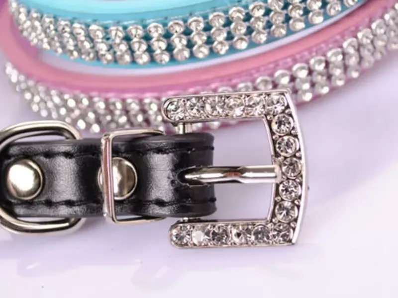 3 Rows Bling Rhinestone Small Pet Dog PU Leather Buckle Cute Cat Crystal Collar