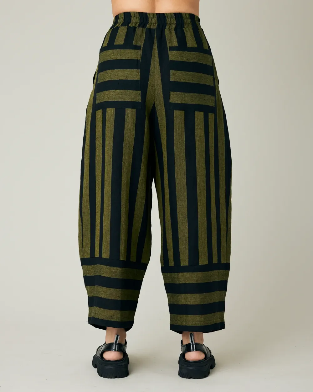 BOBBI BLACK & OLIVE STRIPE LINEN TROUSERS