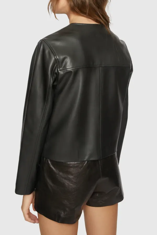 Women'S Stylish Crew-Neck Leather Jacket