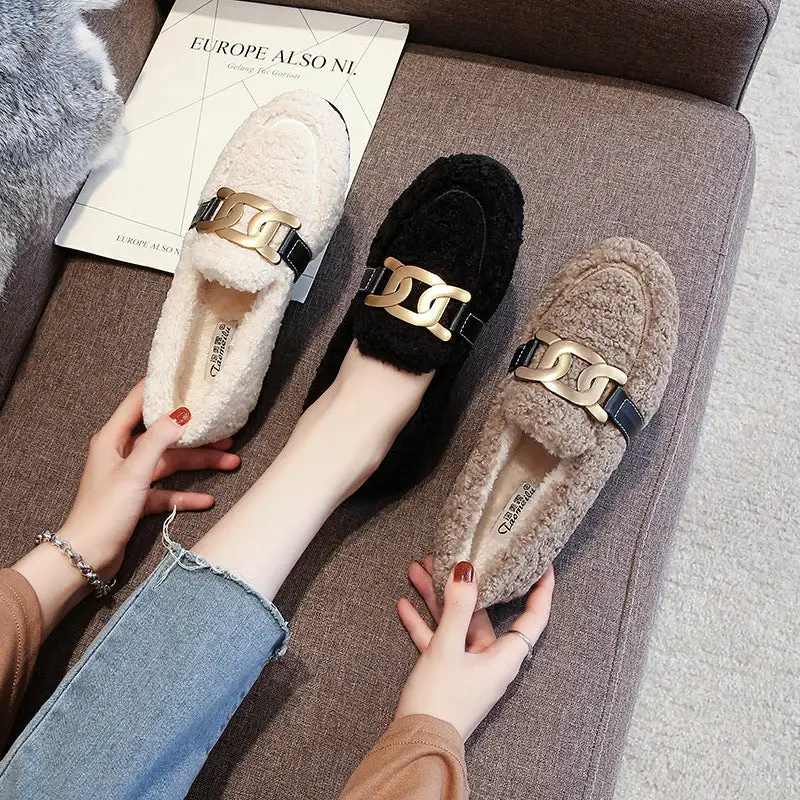 Furry Outer Wearing Flats Loafers Elk Decor Backless  Wild Fluffy Flat Mules Warm