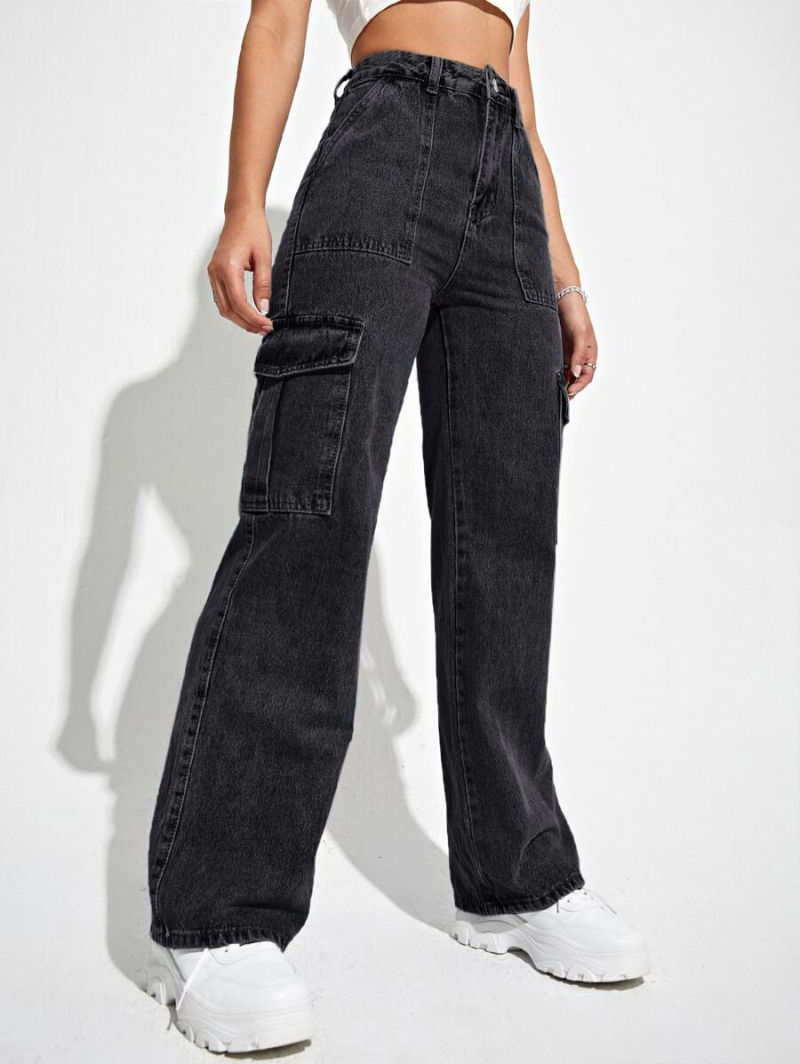 High Waisted Flap Pocket Cargo Jeans