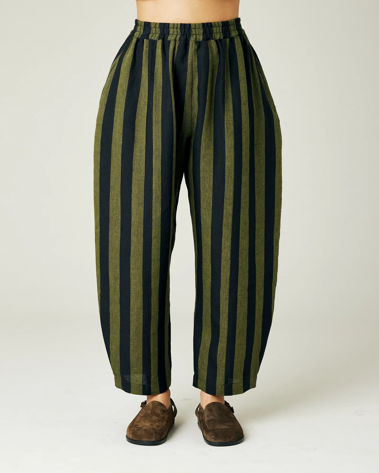 OLIVE AND BLACK STRIPE LINEN TROUSERS