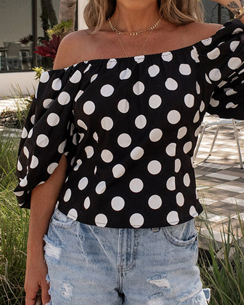 Betty Off The Shoulder Polka Dot Blouse