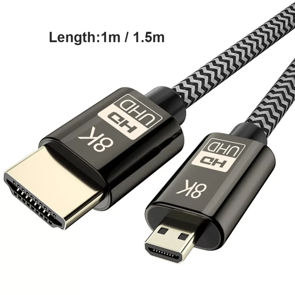 8K 60Hz Micro HDMI to HDMI Adapter Gold Plated Male Type D to Male Type A HDMI 2.1 Cable Supports 3D Ethernet for laptop and pc