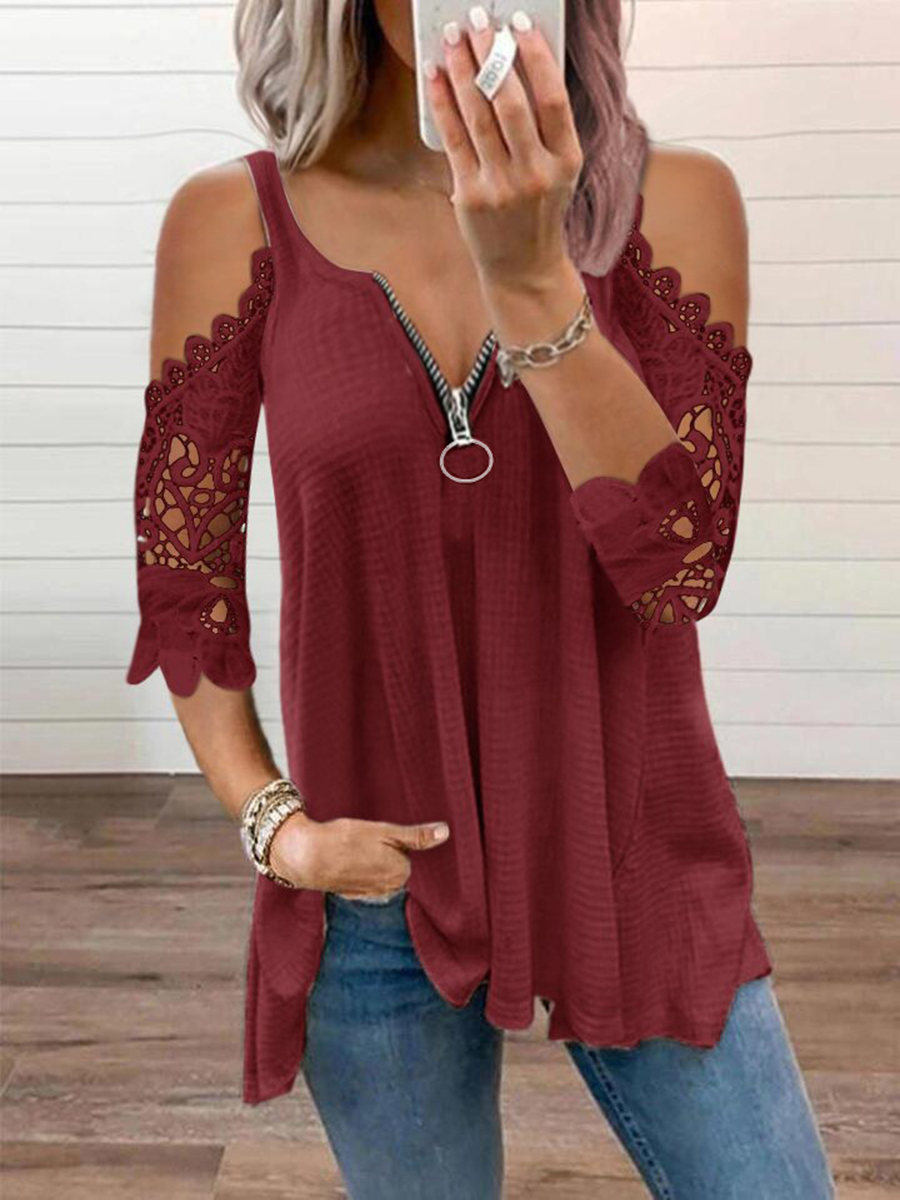 Cutout zipper sleeves V-neck belted casual shirt