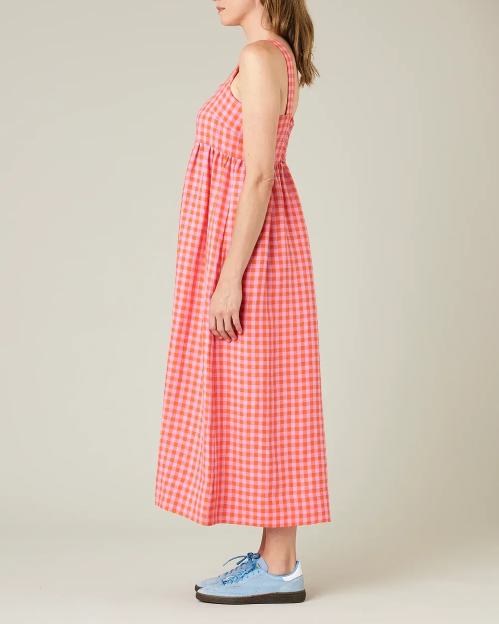 TOMATO & PINK CHECK LINEN DRESS