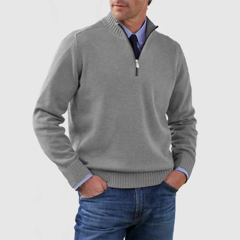 Men's Solid Color Stand Collar Zipper Basic Sweater