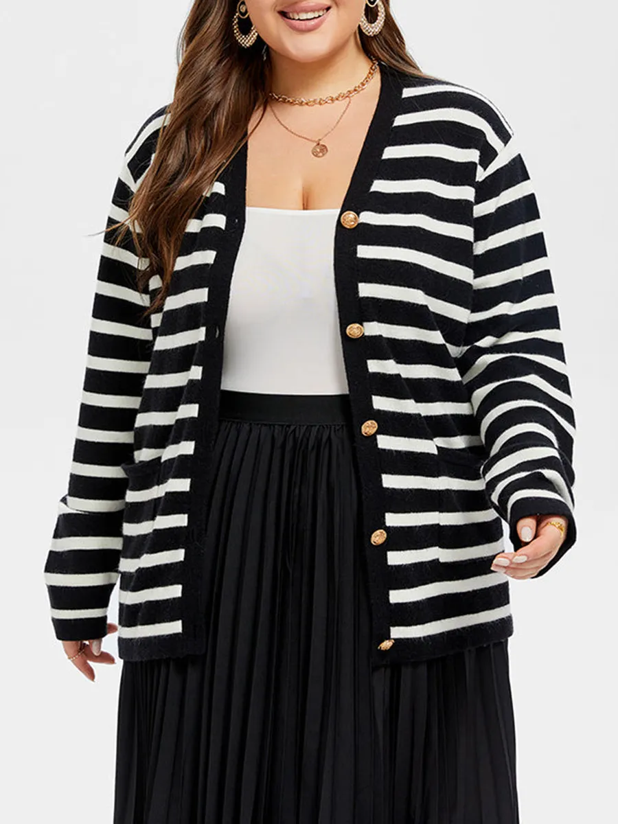 Striped Pattern Double Pocket Button Front Tunic Cardigan