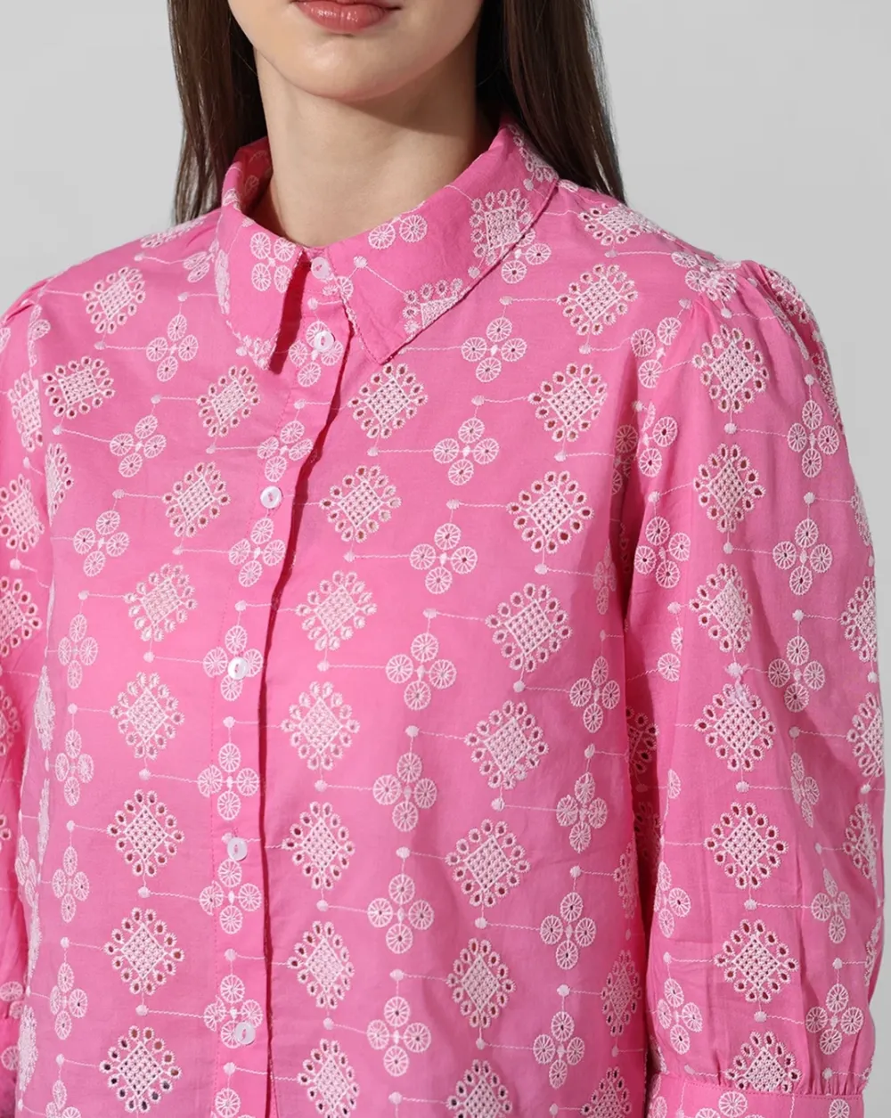 Pink Abstract Print Schiffli Shirt