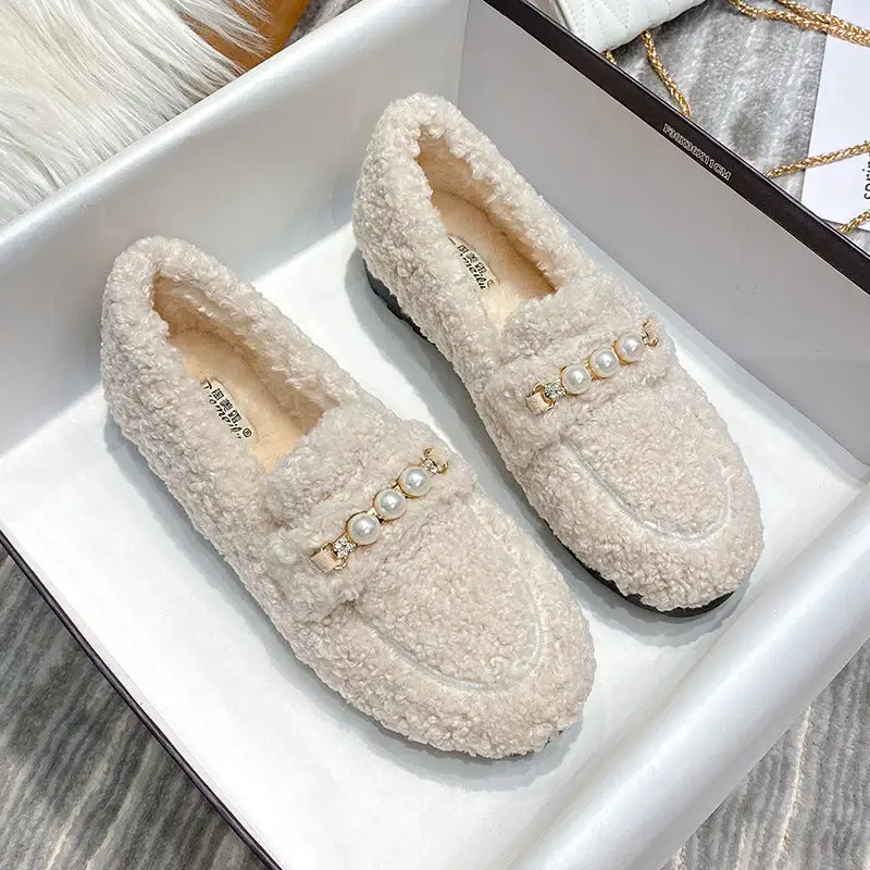 Furry Outer Wearing Flats Loafers Pearl Decor Backless  Wild Fluffy Flat Mules Warm