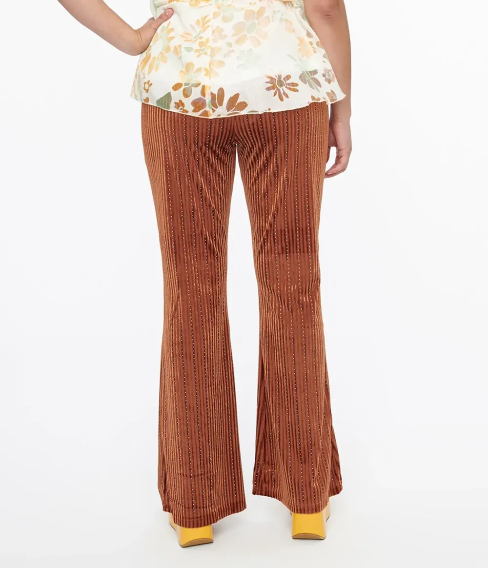 1970s Rust Rhinestone Velvet Flared Pants