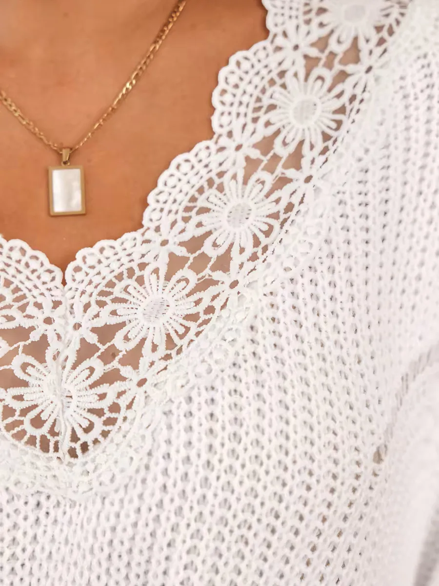 Floral lace pointelle-knit scalloped sweater