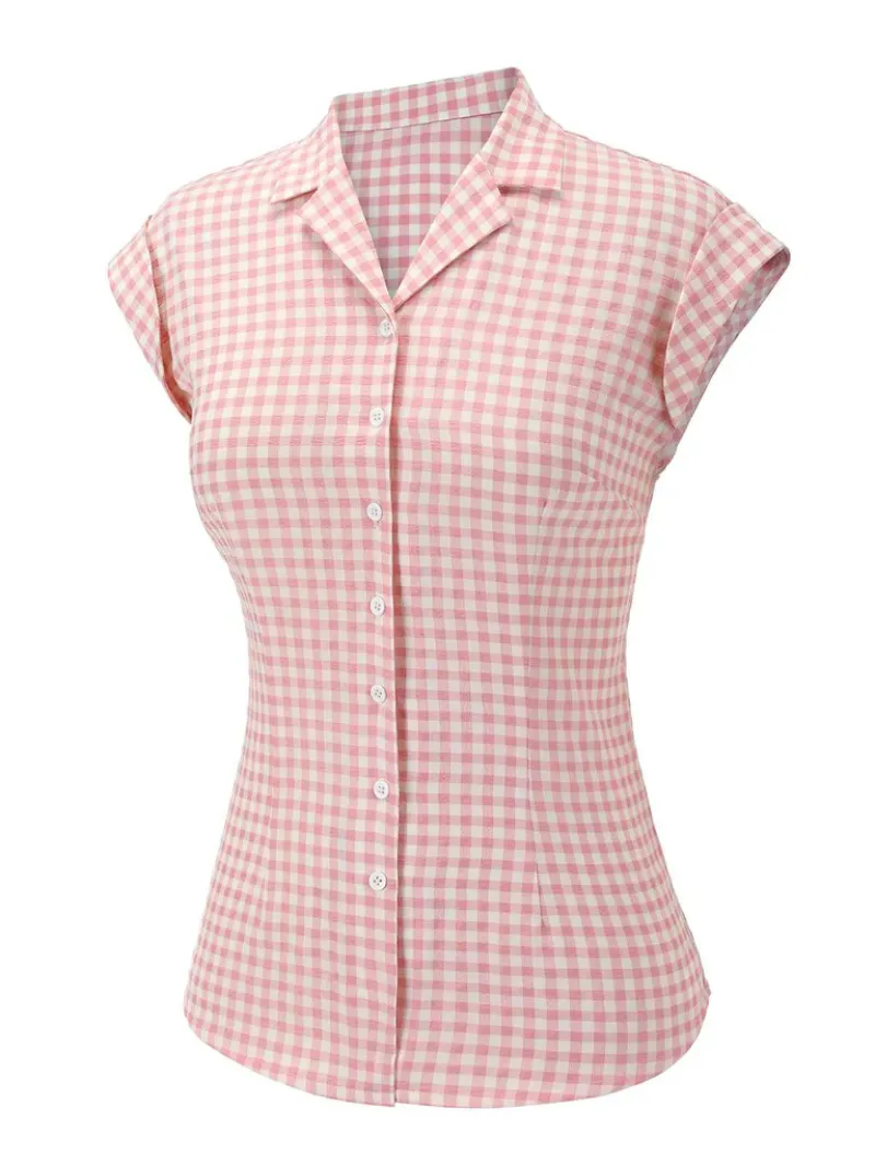 PINK 1950S GINGHAM PLAID LAPEL SHIRT