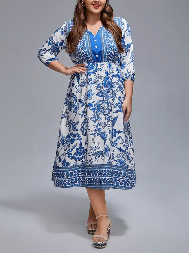 Plus Floral V-Neck Lantern Sleeve Boho Midi Dress