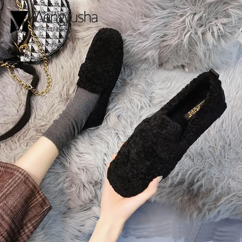 Winter Warm  Flock Flat Shoes Casual Loafers Slip on Furry Outer Wearing Flats Loafers Fluffy Flat Mules Warm