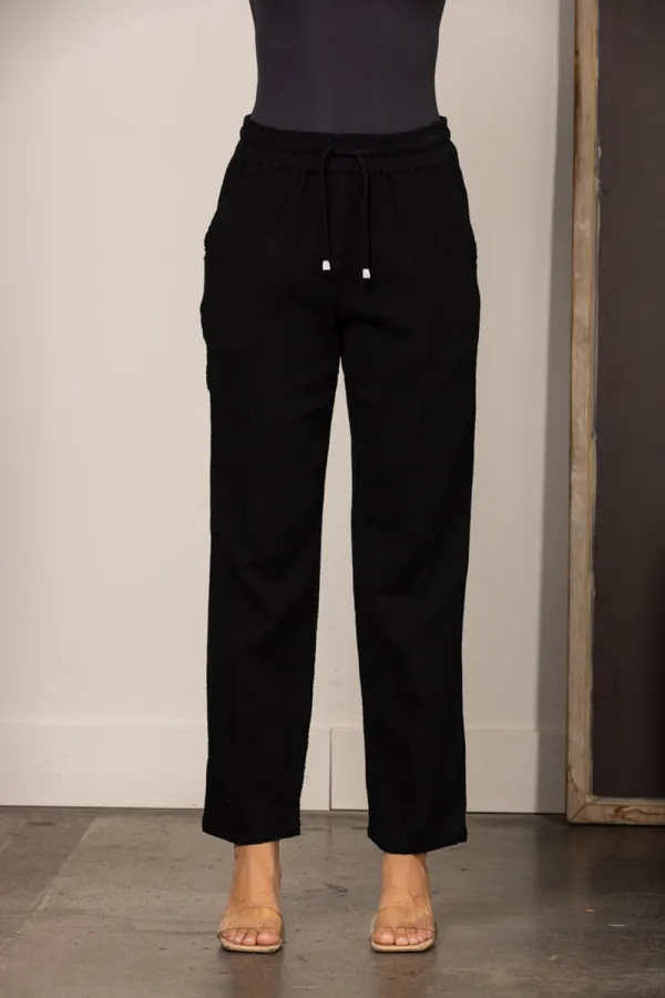 BLACK DRAWSTRING STRAIGHT LEG LINEN PANTS