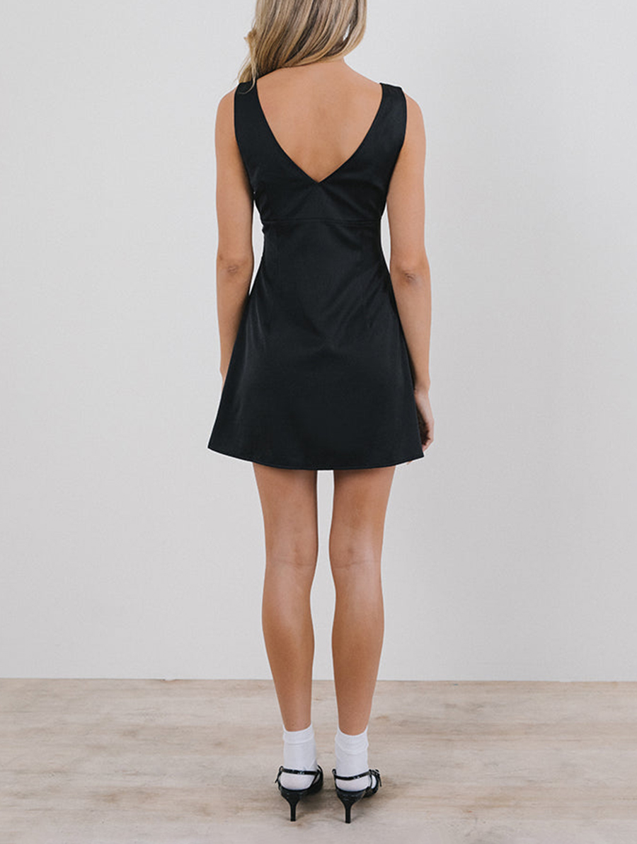 Faradiba Mini Dress In Satin Black With Ivory Bow