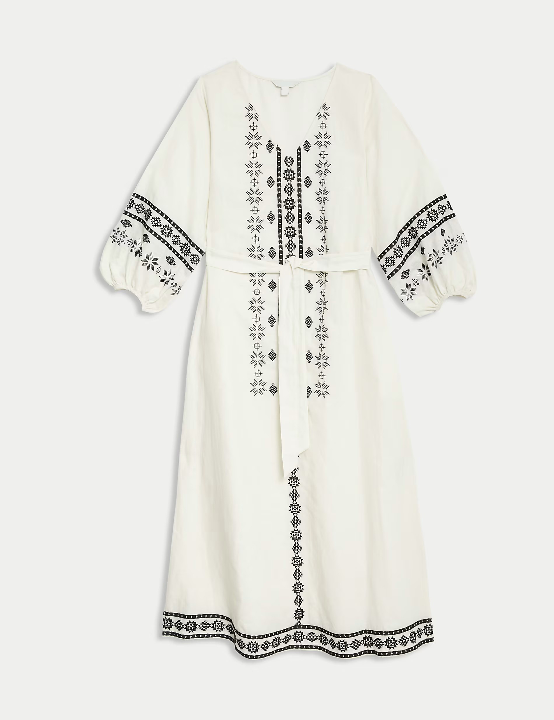 Linen Rich Embroidered V-Neck Day Dress