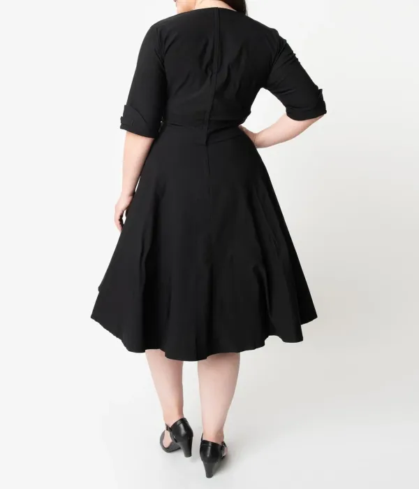 Unique Vintage Plus Size Black Delores Swing Dress With Sleeves