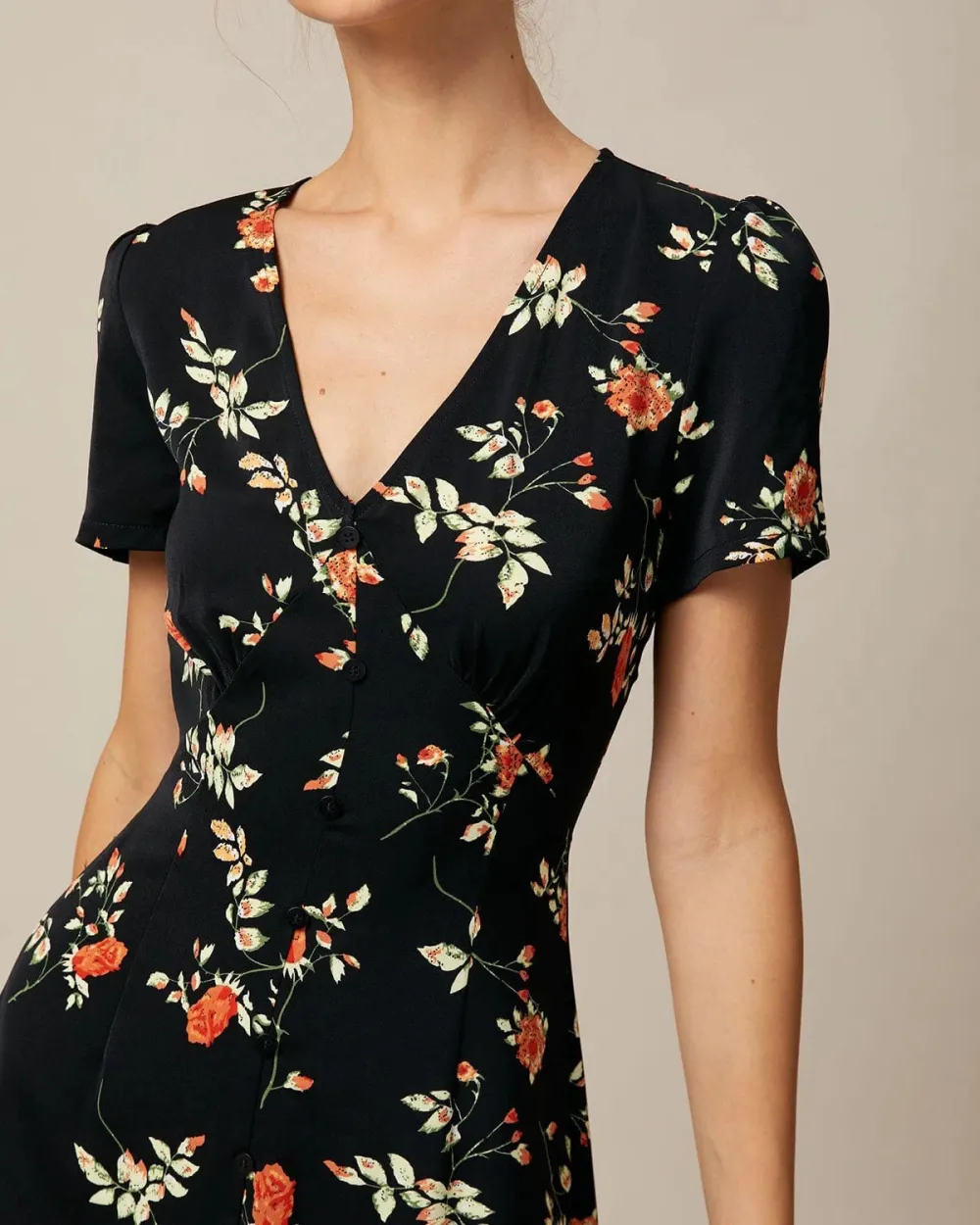 V-neck black floral print dress