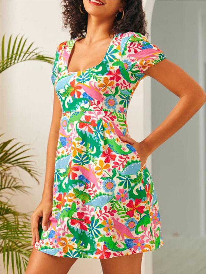 Floral Printed Short Sleeve Mini Dresses