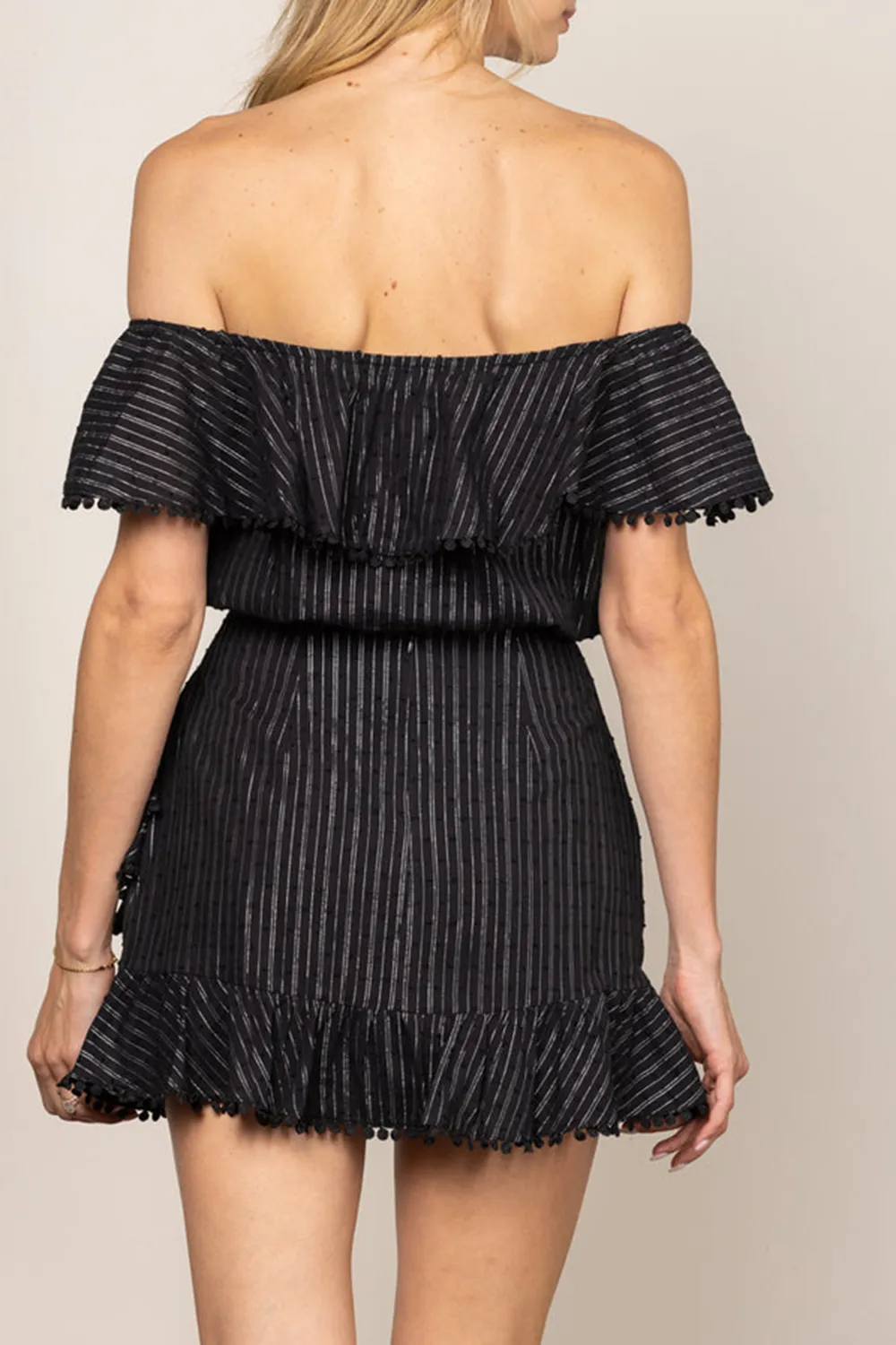 BLACK FRILL DÉCOR OFF SHOULDER TOP AND MINI