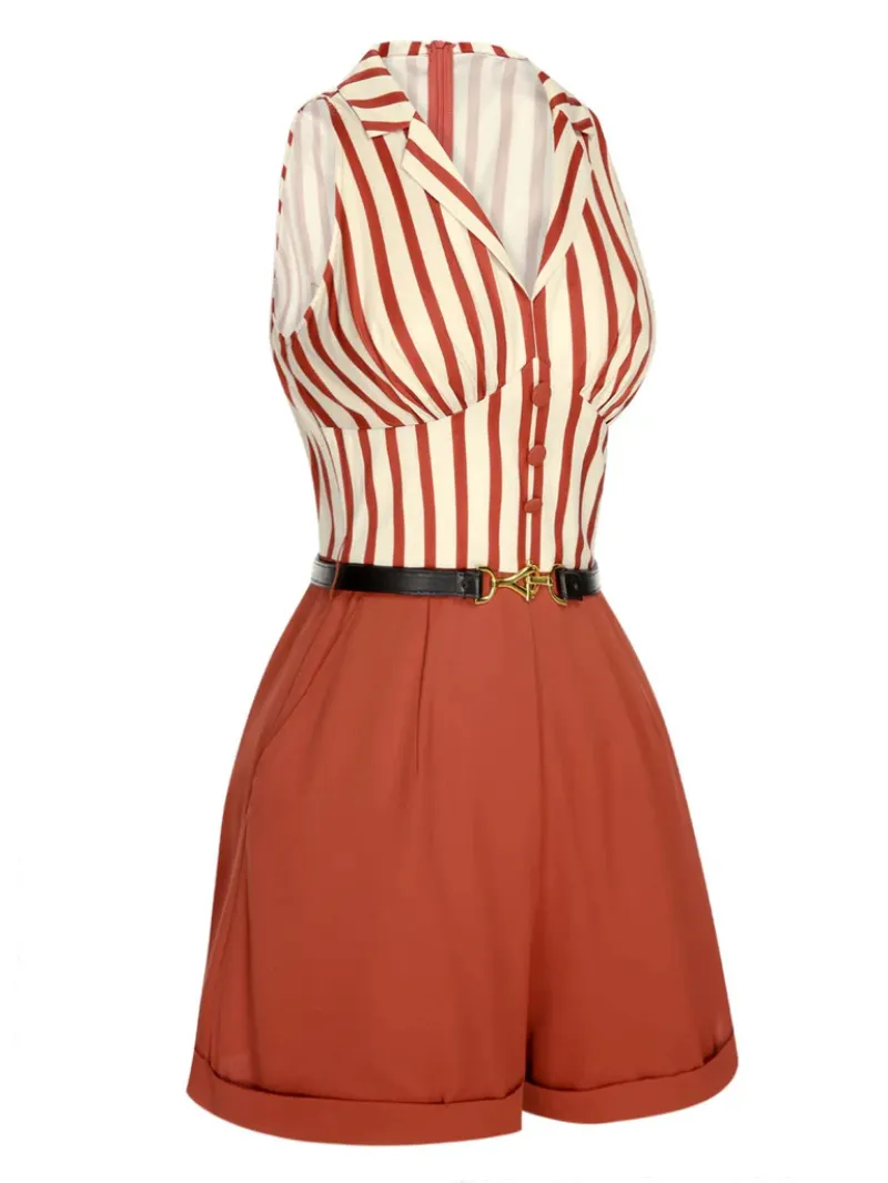 BRICK RED 1940S STRIPED LAPEL ROMPER