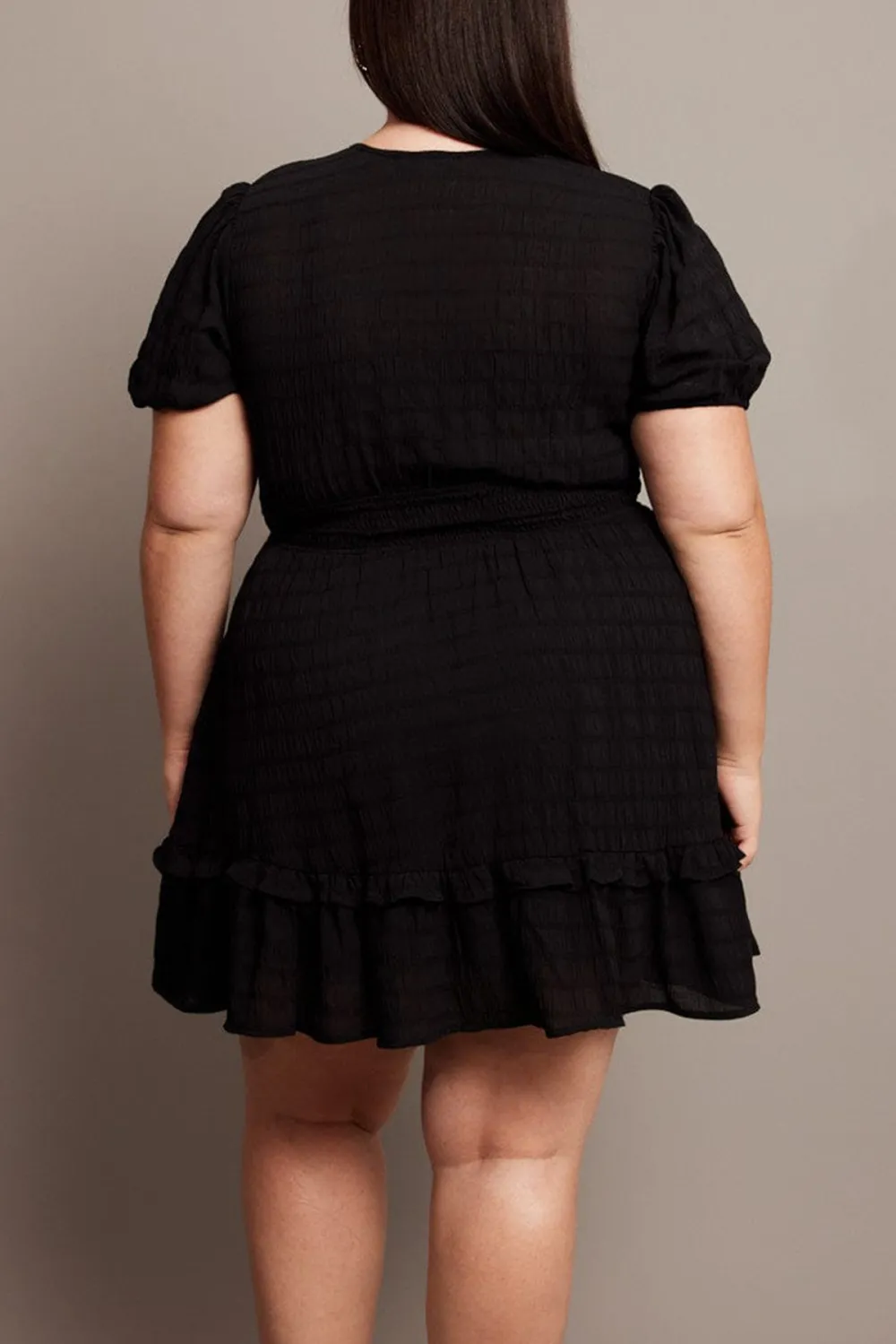 Black Tie Front Textured Frill Hem Minidress