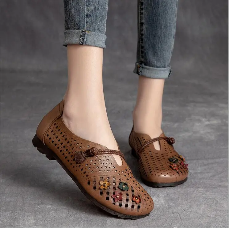 Hollowed Moccasins For Women Genuine Leather handmade Flats Breathable Loafers Shoes Women's Soft Casual Flat Shoes