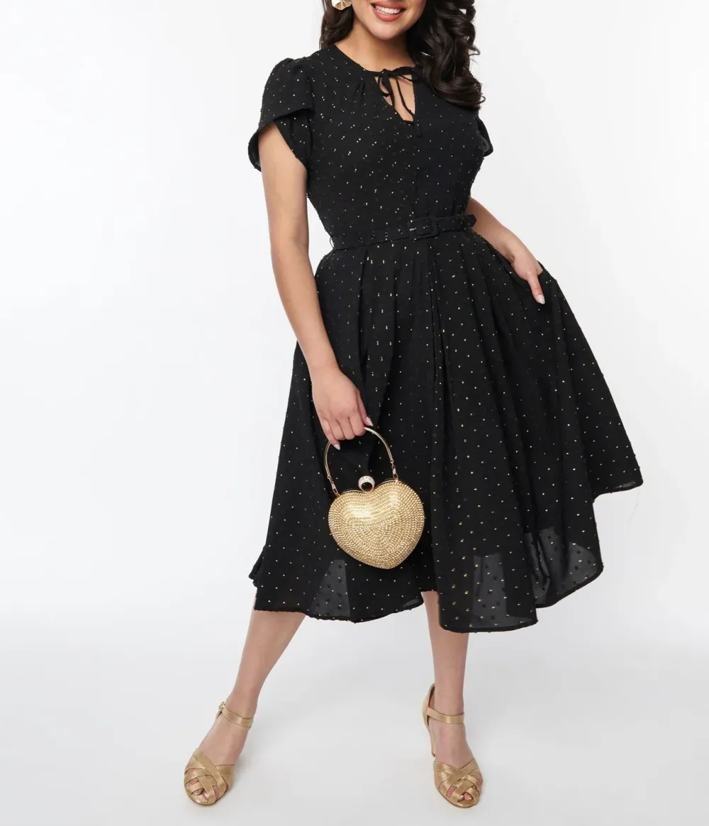 Unique Vintage Black & Gold Clip Dot Dahlia Swing Dress