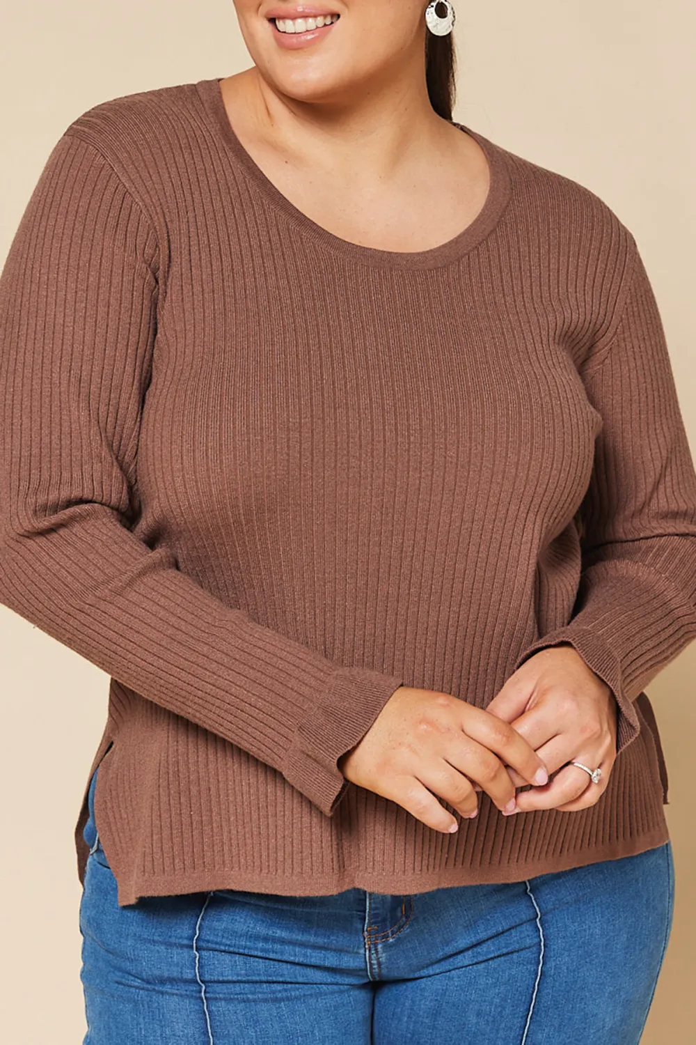 Long Sleeve Knitted Top In Cacao