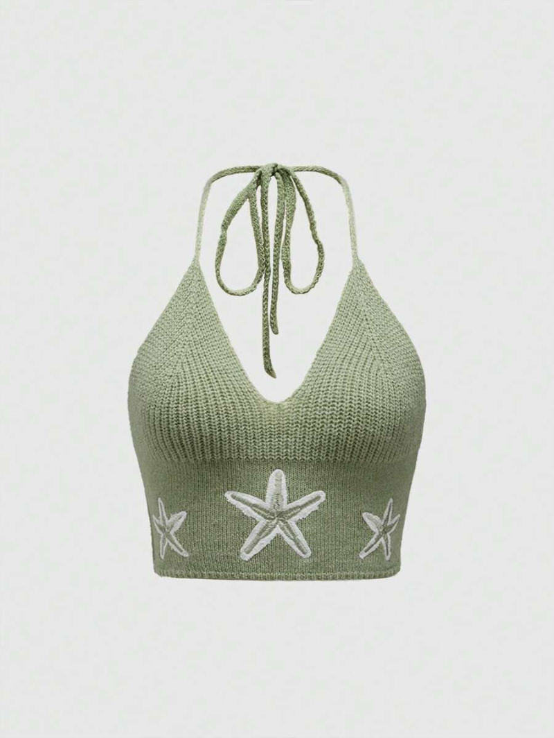 Fairycore Women Summer Knitted Top With Pentagram Pattern Neck Strap