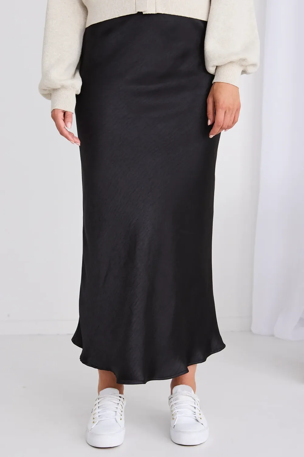 Ivy Black Satin Bias Midi Skirt