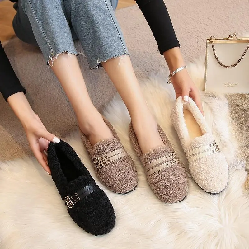 Furry Outer Wearing Flats Loafers Belt Buckle Decor Backless  Wild Fluffy Flat Mules Warm