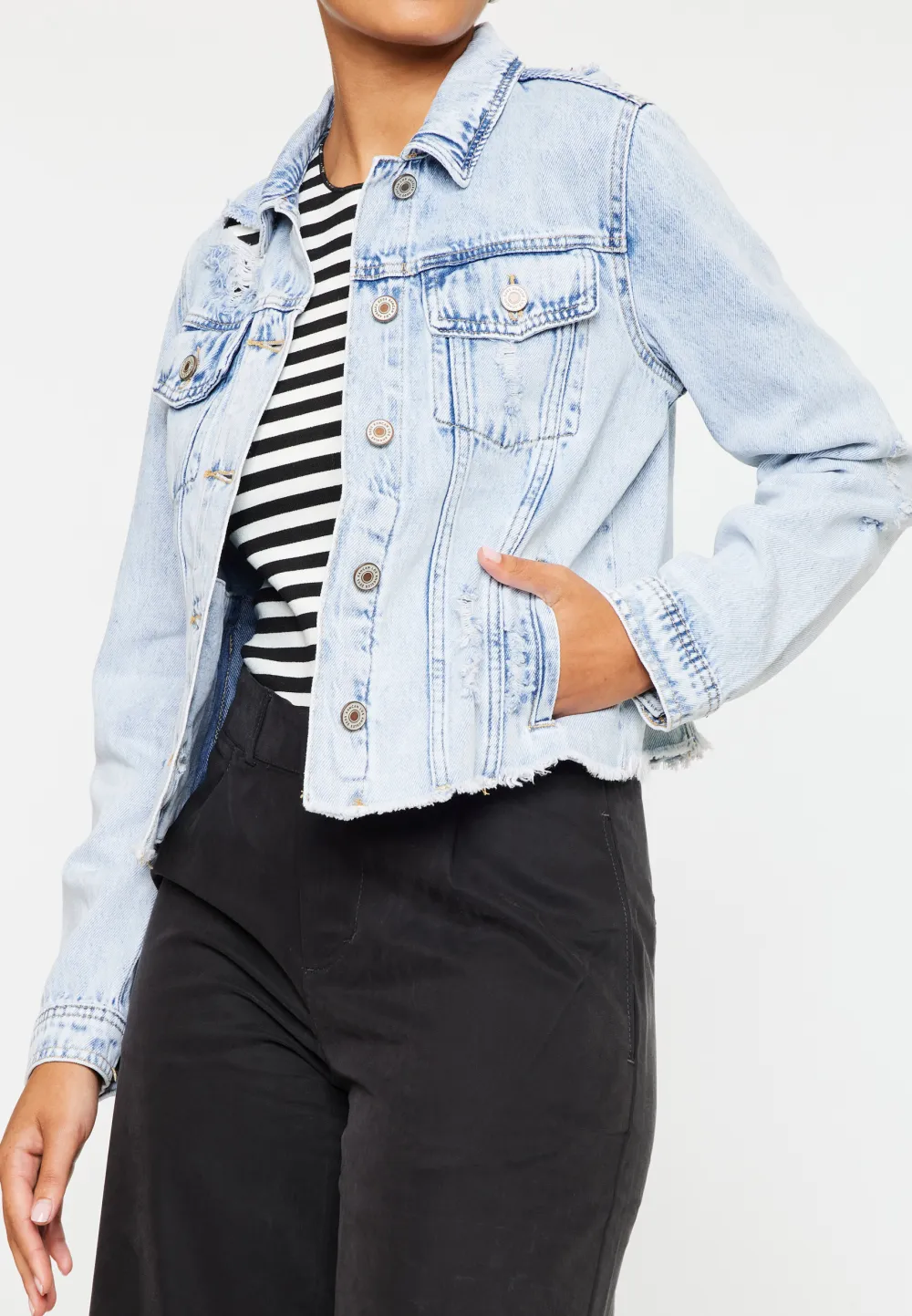 KanCan™ Light Fray Hem Cropped Denim Jacket