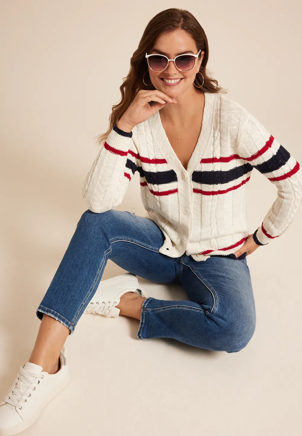 Prep Striped Cable Knit Button Down Cardigan