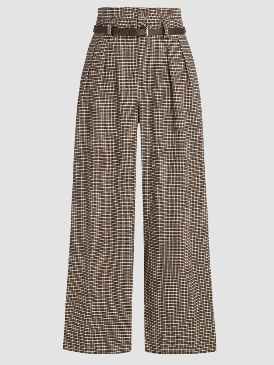 Houndstooth High Waist Belted Wide Leg Trousers