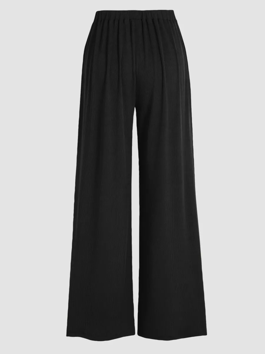 Solid Elastic Waist Wide Leg Pants