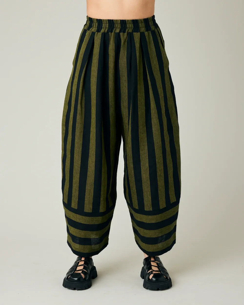 BOBBI BLACK & OLIVE STRIPE LINEN TROUSERS