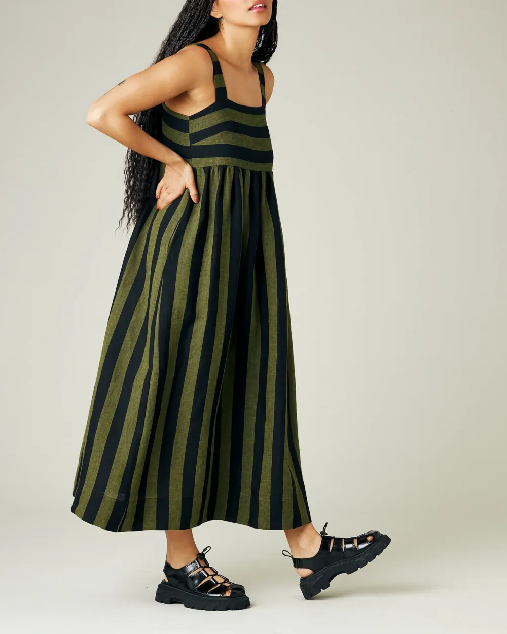 OLIVE & BLACK STRIPE LINEN DRESS