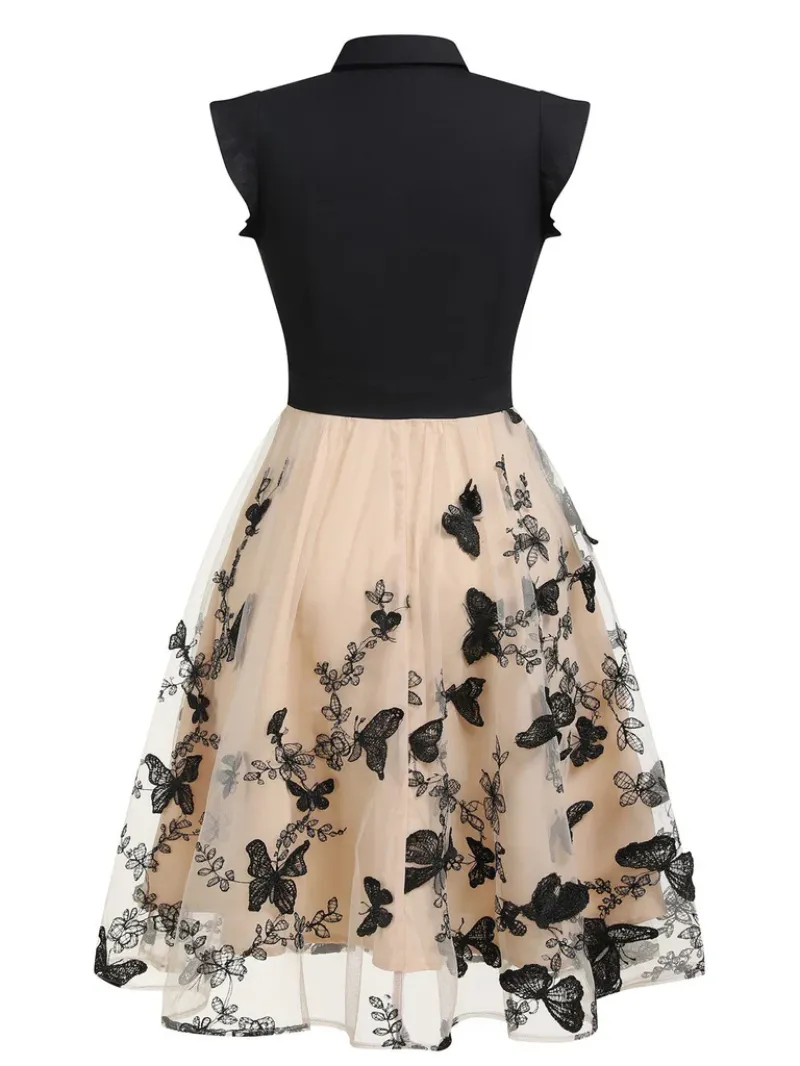 BLACK 1950S BUTTERFLY PATCHWORK VINTAGE DRESS