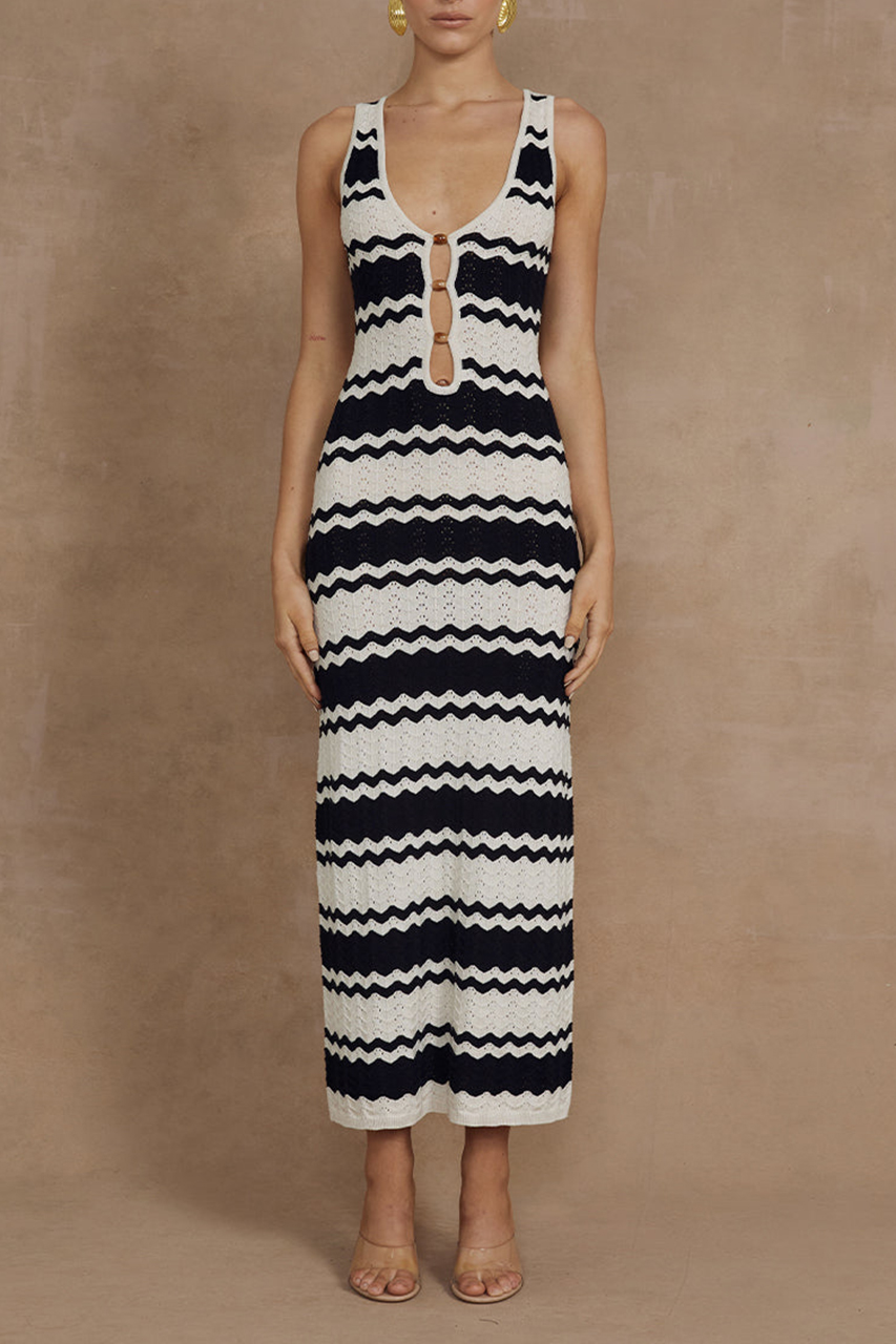 Black and white striped knitted midi dress