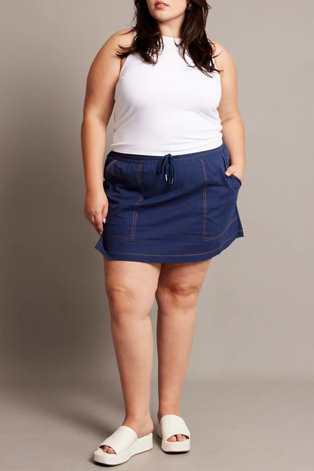 Blue Contrast Stitch Cotton Mini Skirt