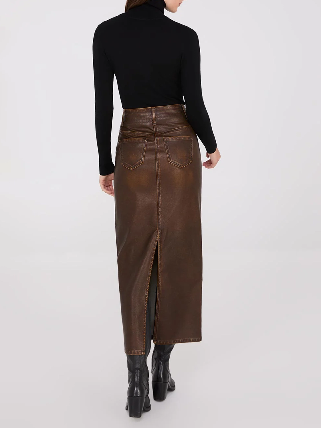 Distressed Faux Leather Maxi Pencil Skirt