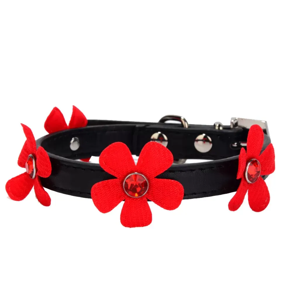 Adjustable Flower Neck Strap Pet Small Dog Cat PU Leather Collar Buckle XS S M L