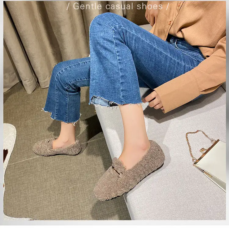 Furry Outer Wearing Flats Loafers Chain Decor Backless  Wild Fluffy Flat Mules Warm