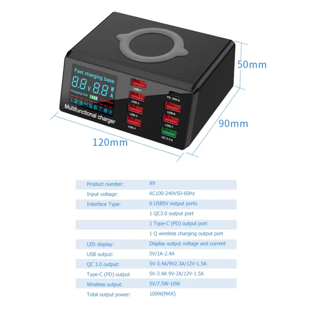 European / American 100W 8-port USB charger hub PD fast charging adapter LED digital display desktop charging station wireless