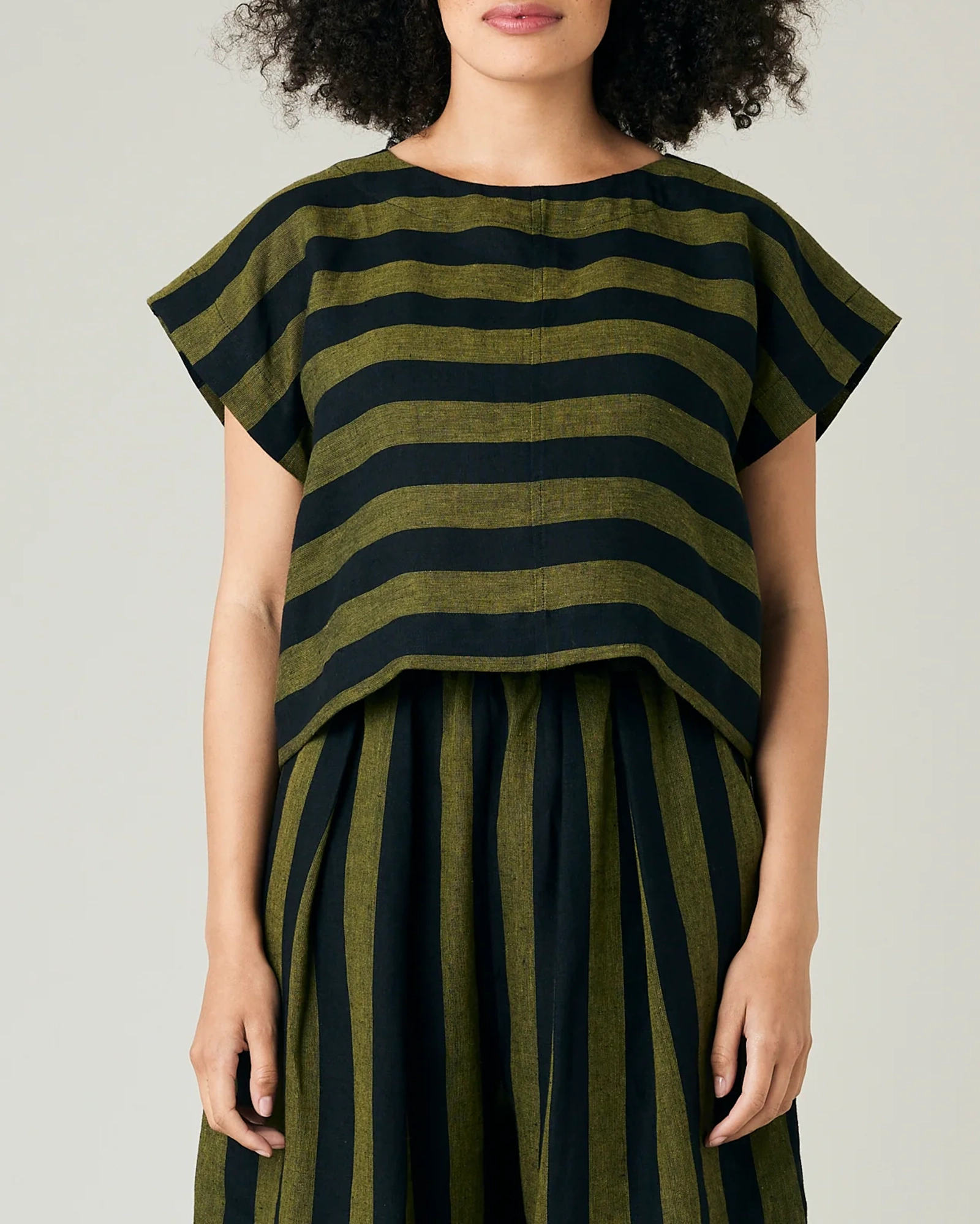 POLLY BLACK & OLIVE STRIPE LINEN TOP