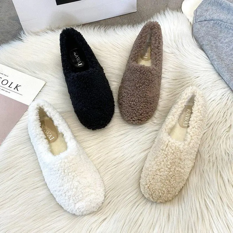 Furry Outer Wearing Flats Loafers Belt Buckle Decor Backless  Wild Fluffy Flat Mules Warm