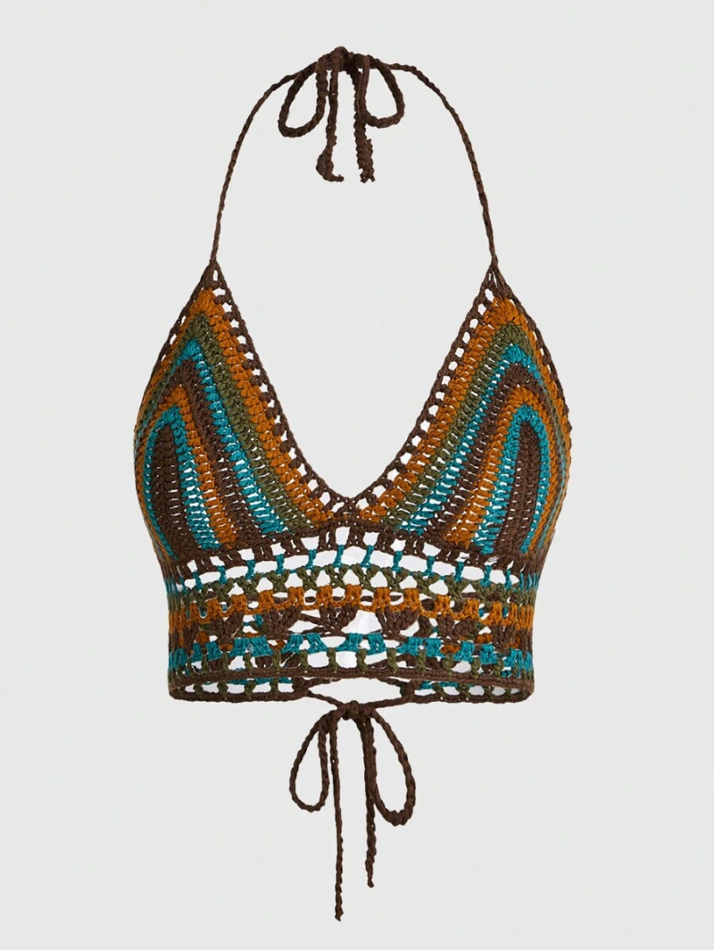 Hippie Summer Crochet Beach Holiday Summer Vacation Knit Halter Neck Top With Tie-Back Design